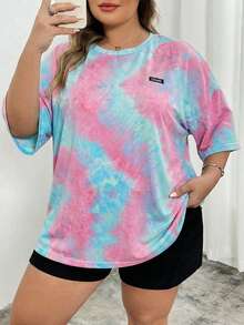 SHEIN CURVE+ Camiseta de manga corta con cuello redondo y estampado de teñido anudado en talla grande para mujer, para el verano - Multicolor - Ver 8