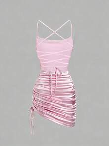 SHEIN Unity Spring Summer New Design Sense High Street Elegant Retro Sexy Slim Fit Elegant Vacation Versatile Comfortable Lace Ruffle Baby Pink Casual Dress - Pink - View 2