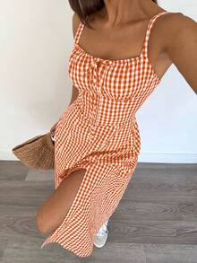 女士格子方领无袖收腰开衩中长连衣裙，夏季 - 橘色 - 查看 3