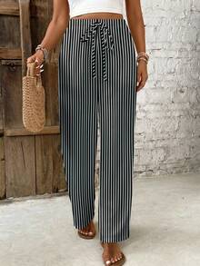 SHEIN Frenchy Casual Minimalist Vacation Bohemian Elegant Retro Black And White Striped, Music Festival, Beach Outfit, Vacation Outfit, Women's Summer Outfit, Women's Elastic Waist Casual Pants - Multicolor - View 4