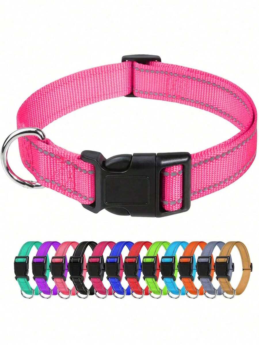 Collar de nailon para perros con hilo reflectante de huella pequeña, ajustable en tamaño para perros grandes, medianos y pequeños - Rosa - Ver 1