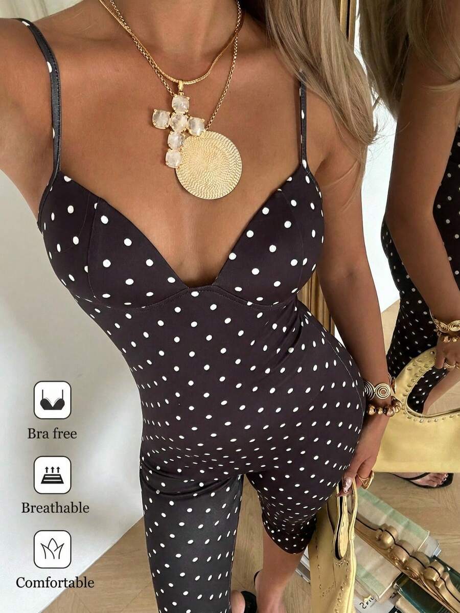 SHEIN EZwear 波点印花紧身连体裤 - 黑色 - 查看 1