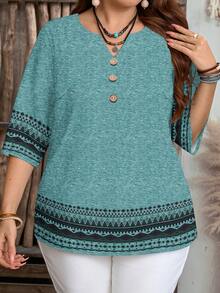 EMERY ROSE Plus Size Women Casual Minimalist Geometric Print V-Neck Shirt, Suitable For Summer - Green - View 5