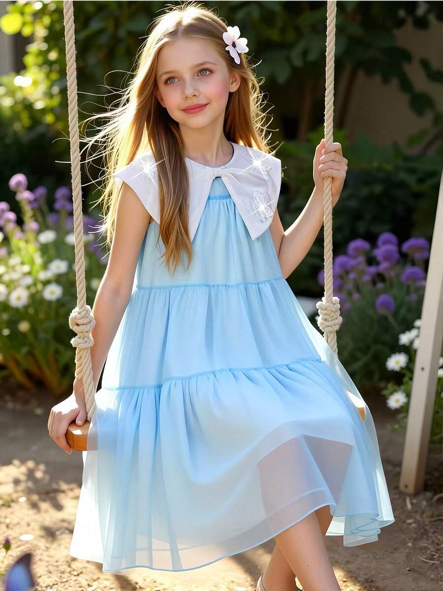Girls' Light Blue Butterfly Embroidered Peter Pan Collar Dress, Suitable For Daily Wear, Birthday Party, Gathering - Baby Blue - View 1