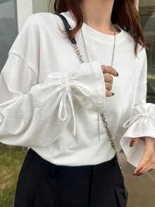 FRIFUL Women's Solid Color Round Neck Drop Shoulder Long Sleeve Casual Loose T-Shirt - White - View 6