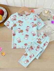 SHEIN 2件套女童甜美可爱优雅休闲日常猫咪蝴蝶结卡通图案爱心装饰印花圆领针织短袖上衣和宽松舒适长裤两件套家居服套装 - 淺藍色 - 查看 4