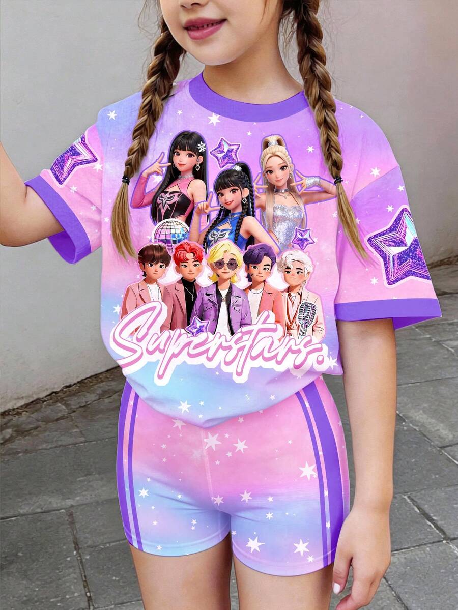 2件套卡通女孩，多巴胺活力紫渐变色，K-Pop超级明星组合，Chill Chill，少女休闲简约短袖T恤和短裤套装，适合夏季 - 彩色 - 查看 1