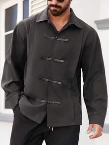 Manfinity Homme Plus Size Men's Solid Color Button Design Long Sleeve Casual Shirt - Dark Grey - View 3