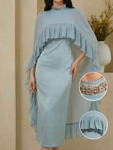 DAZY Elegant Rhinestone Embellished Midi Dress, Suitable For Valentine's Day, Wedding, Party, Formal Occasions, Fitted Waist, Spring/Summer Sundress - Green - View 1