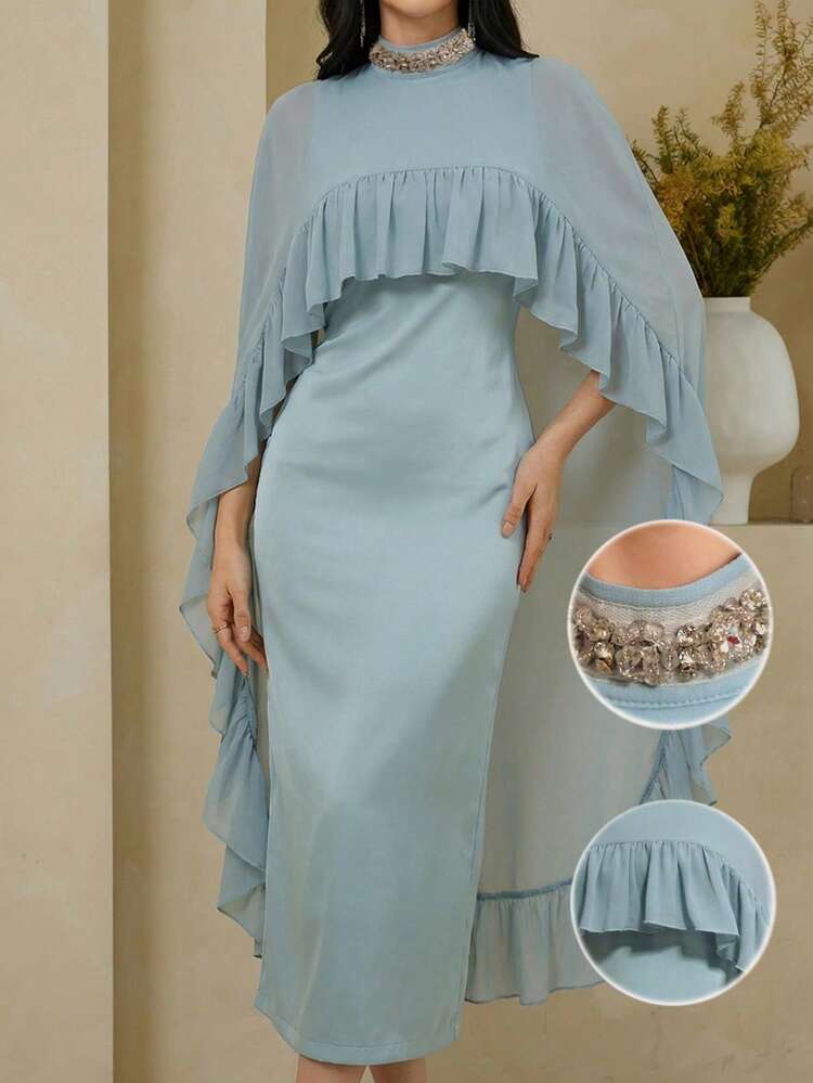 Elegant Rhinestone Embellished Midi Dress, Suitable For Valentine's Day, Wedding, Party, Formal Occasions, Fitted Waist, Spring/Summer Sundress Cocktail Dress