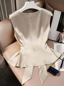 Franclia Women's Shiny Satin V-Neck Sleeveless Tie-Waist A-Line Blouse, Suitable For Daily Commute - Apricot - View 2