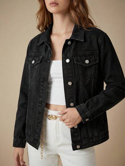 SHEIN Frenchy Women's Front-Button Long Sleeve Pocket Simple Casual Denim Jacket