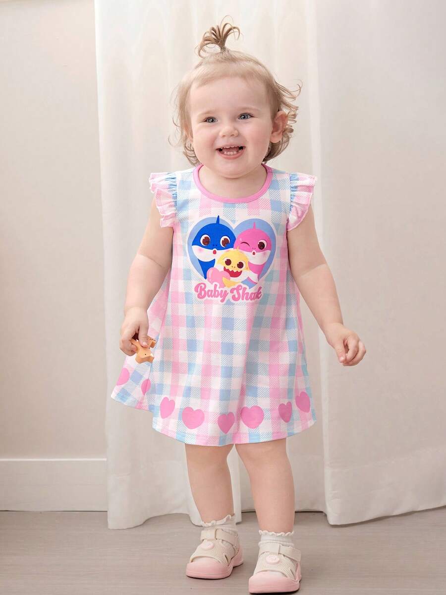 BABY SHARK X SHEIN Đầm tay ngắn in hình hoạt hình cho bé gái - Nhiều màu - Xem 1