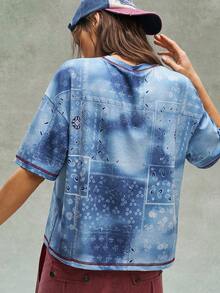 Bohemela 波西米亚风音乐节佩斯利印花休闲针织刺绣数字图案圆领短袖T恤（女款） - 藍色 - 查看 6