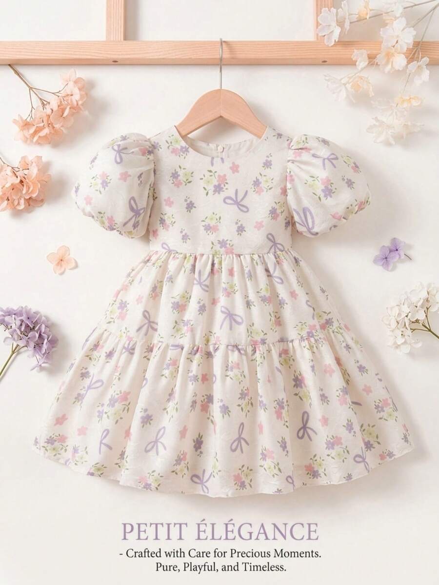 Souflis Souflis Baby Girl Spring And Summer Hampagne Beige Color Princess-Sleeve Dress The Soft And Flowing Fabric Has A Lustrous Sheen The Invisible Zipper Makes It Easy To Put On And Take Off Bow Baby Girl Clothes Ootd - Yellow - View 1