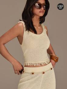Athîral Bộ đồ hai mảnh mùa hè dành cho nữ, gồm áo dệt kim không tay và quần dài, có viền tua rua. - Màu be - Xem 3