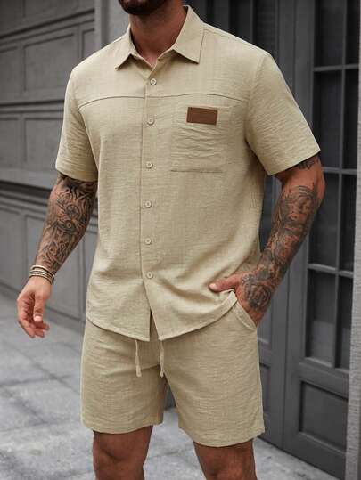 Manfinity CasualCool 2pcs/Set High-Quality Men's Spring Comfortable Solid Color Outfit, Classic Short Sleeve Shirt And Elastic Waist Drawstring Shorts, Front Patch Pocket Shirt, Suitable For Casual, Office, Dates, Parties, Formal Or Informal Occasions, Versatile And Bestselling Yamamoto Shirt Set