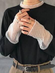 FRIFUL 纯色拼接薄纱波点网眼宽松休闲百搭T恤 - 黑色 - 查看 5