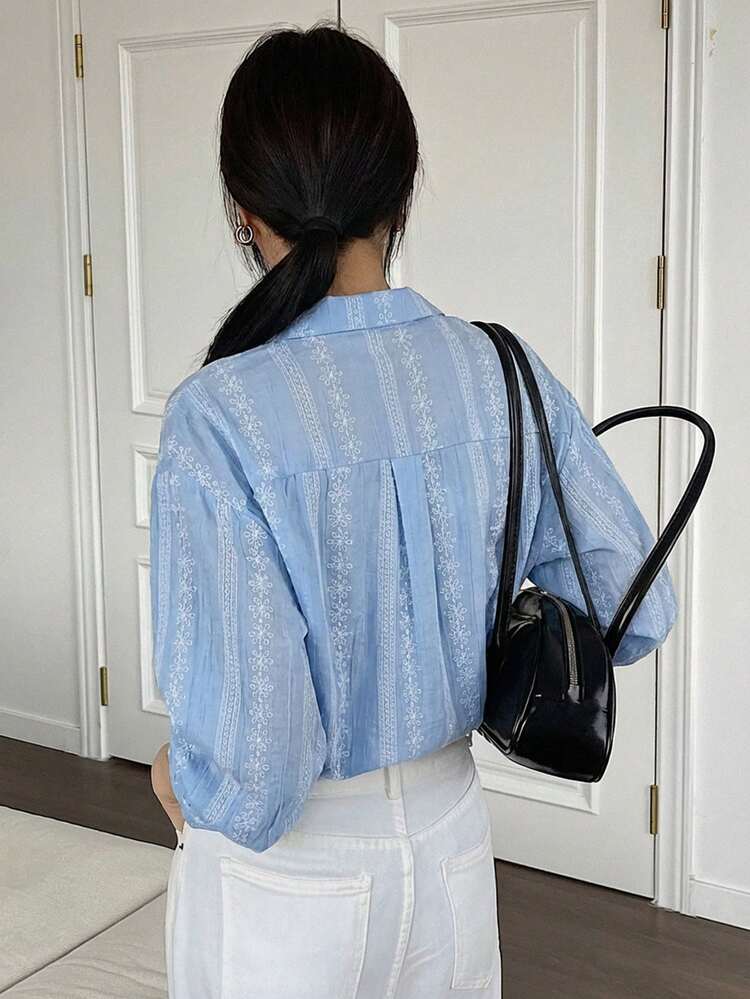 Blue Long Sleeve Women's Shirt, Casual Beach Vacation, Suitable For Spring, Summer, Valentine's Day, Wedding