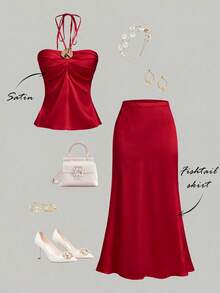 SHEIN MOD Bộ đồ 2 mảnh gợi cảm dành cho nữ, gồm áo hai dây buộc cổ xếp ly và chân váy ngắn, phối màu trơn, trang trí kim loại, thích hợp cho buổi hẹn hò lãng mạn. - Đỏ - Xem 3