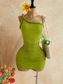 Soleia Đầm ngắn không tay xếp ly màu xanh neon dành cho nữ, thích hợp cho kỳ nghỉ. - màu xanh lá - Xem 1