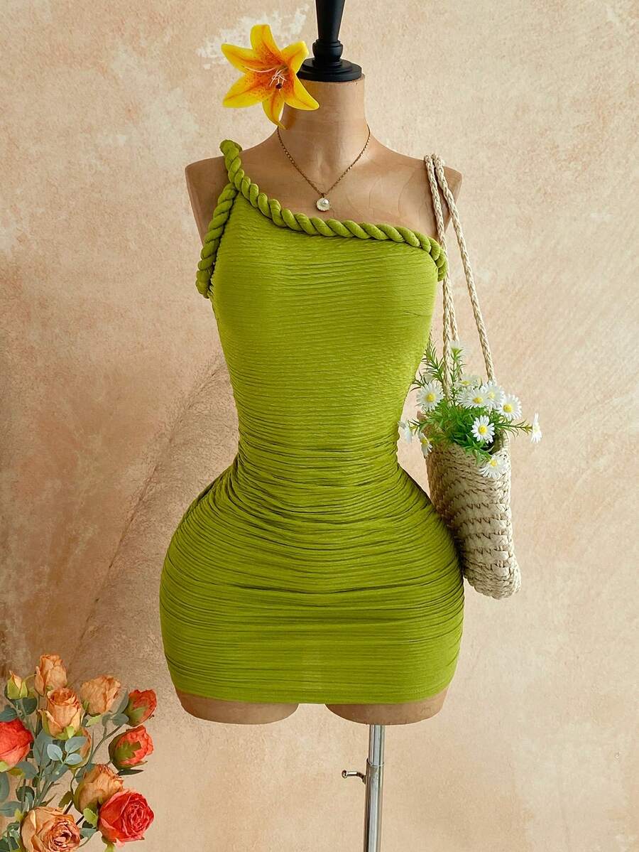 Soleia Đầm ngắn không tay xếp ly màu xanh neon dành cho nữ, thích hợp cho kỳ nghỉ. - màu xanh lá - Xem 1