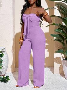 Slaydiva Bộ jumpsuit nữ mùa xuân hè mới, kiểu dáng thường ngày, gợi cảm và thanh lịch: áo ống thắt nơ, ống rộng dài chấm đất, màu cam, chất liệu dệt kim, thích hợp cho kỳ nghỉ. - Màu tím hoa cà - Xem 6