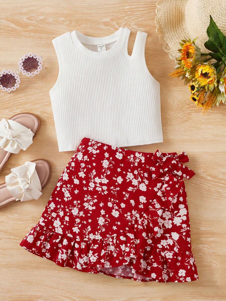 SHEIN 少女休闲舒适纯色背心搭配碎花迷你裙两件套 - 紅色 - 查看 1
