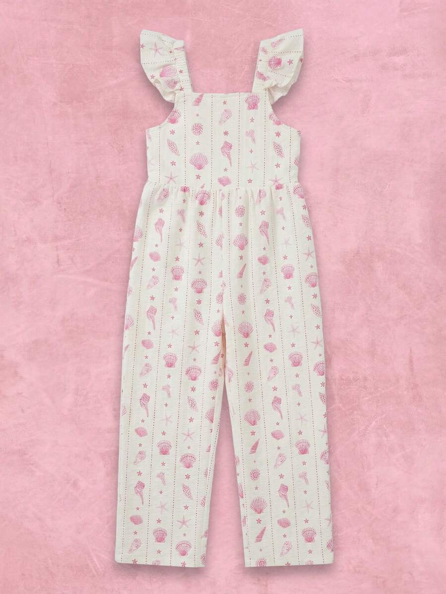 SUMWON Bộ áo liền quần dài tay bồng in hình vỏ sò cho bé gái, kiểu dáng mùa hè, thích hợp cho kỳ nghỉ biển hoặc đi chơi. - Màu be - Xem 1