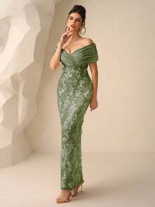 Coutiva 秋冬季优雅方领长袖修身鱼尾裙摆拼接蕾丝刺绣晚礼服、婚纱、派对礼服、圣诞礼服 - 綠色 - 查看 5