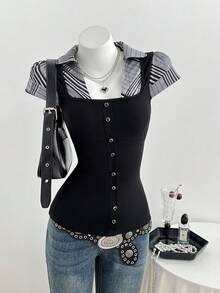 Elamini 女士黑色格子拼接休闲修身短袖T恤，夏季 - 黑色 - 查看 6