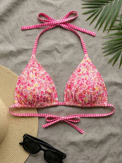 Swim Mod Plus Size Women Ditsy Floral Spaghetti Strap Backless Bikini Top