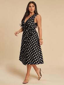 Gossip Girl X SHEIN SHEIN BAE Plus Size Women Black And White Polka Dot Sleeveless Midi Dress,Elegant Summer Tea Party Outfit,Wedding Guest,Bridesmaid,Graduation,Vacation,Y2k,Curve - Black - View 9