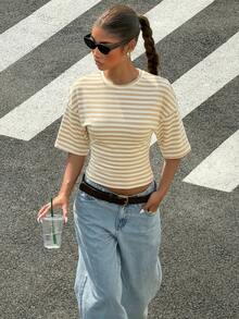 Muchica Women's Summer New Striped Waist Fitted Short Sleeve T-Shirt - Khaki - View 6