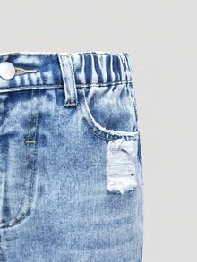 SHEIN ChillGRL 少女牛仔裤，适合春、夏、秋、冬四季穿着，浅蓝色牛仔布，Y2K风格，3D立体花卉刺绣，宽松阔腿版型，舒适棉质牛仔面料，适合日常穿着、上学和通勤。 - 藍色 - 查看 5