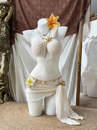 Sweetra Plus Size Off-Shoulder Sleeveless High-Stretch Textured Elegant Bodysuit + Asymmetrical Hem Textured Tie-Front Cover-Up Beach Resort 2-Piece Set