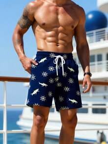 ZELFYO Shorts de playa con estampado y cordón para hombre - Negro - Ver 5