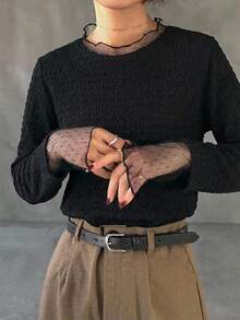 FRIFUL 纯色拼接薄纱波点网眼宽松休闲百搭T恤 - 黑色 - 查看 5
