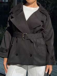 Bethéva 女士时尚优雅双排扣束带风衣法式风衣女装风衣秋冬女装风衣 - 黑色 - 查看 3