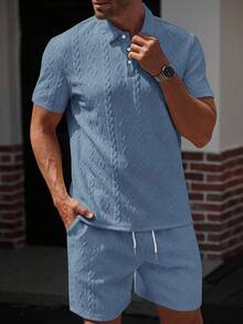 Manfinity Homme 男士夏季休闲纯色纹理 Polo 衫和短裤套装男两件套夏季男士两件套服装蓝色男士淡蓝色短裤套装男士两件套休闲短裤套装两件套男士套装蓝色，老钱风格 - 藍色 - 查看 3
