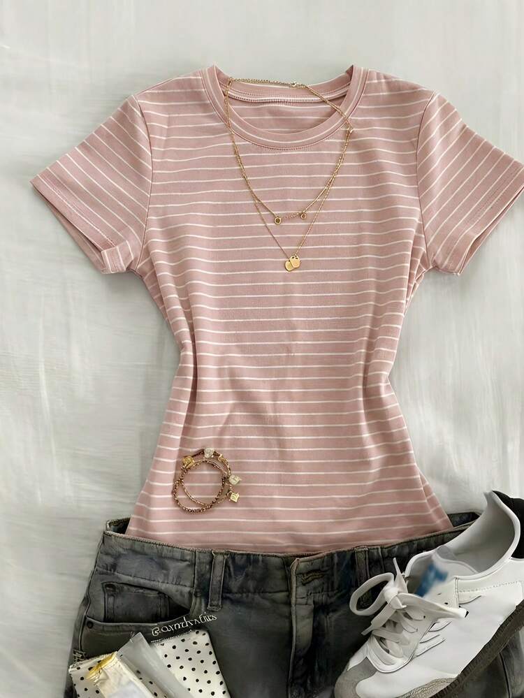 Solid Color Round Neck Fitted Short Sleeve Women T-Shirt
