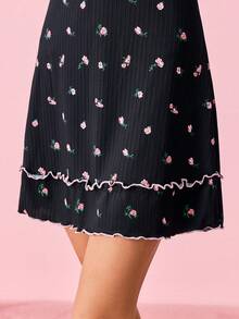 Bonmuse Floral Print Lettuce Trim Ruffle Hem Cami Pajama Nightdress PerfectSummerfor Summer - Black - View 8
