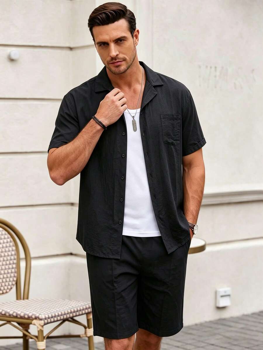 Conjunto de Camisa de Lino de manga Cortapara hombre - Negro - Ver 1