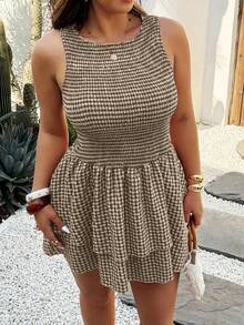 Sunnyshic 时尚简约春夏新款百搭圆领红色格子修身无袖连衣裙 - 咖啡棕 - 查看 5