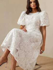 Vestido con cuello en V, mangas con pétalos, cintura ceñida y decoración 3D de rosas románticas francesas para mujeres - Blanco - Ver 6