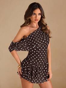 SHEIN BAE Đầm ngắn màu đen thanh lịch với vai lệch, vạt bèo nhún, đầm cocktail đen, đầm đen, thích hợp cho các buổi hẹn hò hàng ngày, tiệc tùng, kiểu dáng thanh lịch dành cho nữ, thích hợp cho các buổi tiệc cocktail, hẹn hò lãng mạn, tiệc tùng, đầm phù dâu, đi chơi tối. - Cà phê nâu - Xem 4