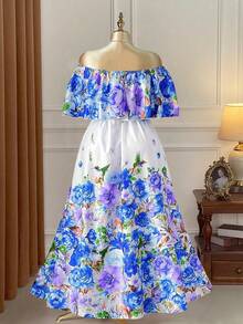 Rometta 大码彩色印花露肩荷叶边收腰喇叭长连衣裙，优雅适合约会、派对、外出、下午茶、度假等场合。 - 彩色 - 查看 2