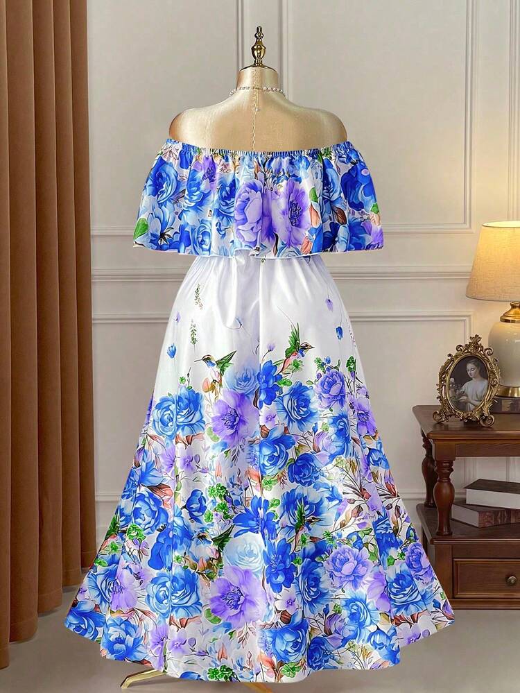 Rometta 大码彩色印花露肩荷叶边收腰喇叭长连衣裙，优雅适合约会、派对、外出、下午茶、度假等场合。 - 彩色 - 查看 2