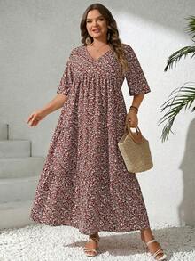 SHEIN CURVE+ 大码女式度假宽松碎花V领短袖娃娃裙教师连衣裙，阿拉伯风情连衣裙，阿拉伯服饰，波西米亚风度假夏季/乡村/海滩度假套装/海滩套装/沙滩装 - 咖啡棕 - 查看 9
