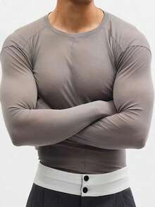 Manfinity Dauomo Áo thun dài tay nam màu trơn, kiểu dáng thường ngày, phù hợp cho mùa xuân và mùa thu. - Bụi tím - Xem 4